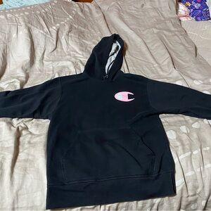 Champion Black Hoodie with Pink Emblem